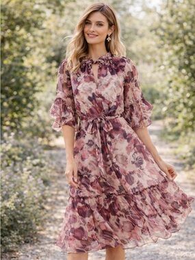 MISA Los Angeles Floral Chiffon Dress Ruffle Sleeve Tie Waist XS Romantic